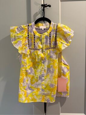 Alivia Floral Button Front Ruffle Sleeve Top - Yellow & Lavender